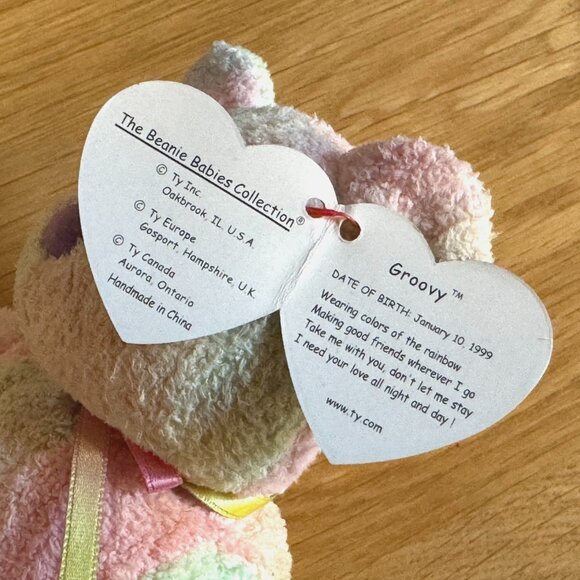 Ty Original Beanie Baby, Groovy the Bear, Tie-Dye Rainbow, DOB January 10, 1999 - Picture 13 of 15